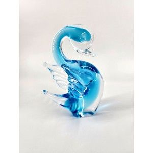 Art Glass Swan Clear Glass And Blue Swirled Design Figure Or Paperweight